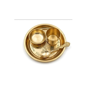 Pooja Thali Set with Katori, glass, spoon Brass (4 Pieces-brass)