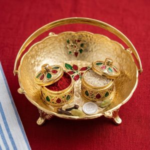 Decorative Pooja Thali Set with Kumkum and Akshat Containers