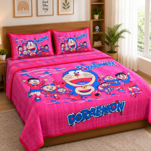 Doremon Pink Cartoon Printed Double Bedsheet with 2 Pillow Covers for Kids
