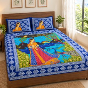 Blue Rajasthani Folk Art Tree & Bird Print- Cotton Bedsheet