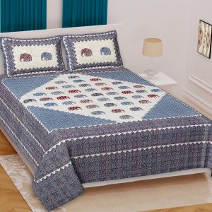 Elephant Print Cotton Bedsheet | Blue, Red & Cream
